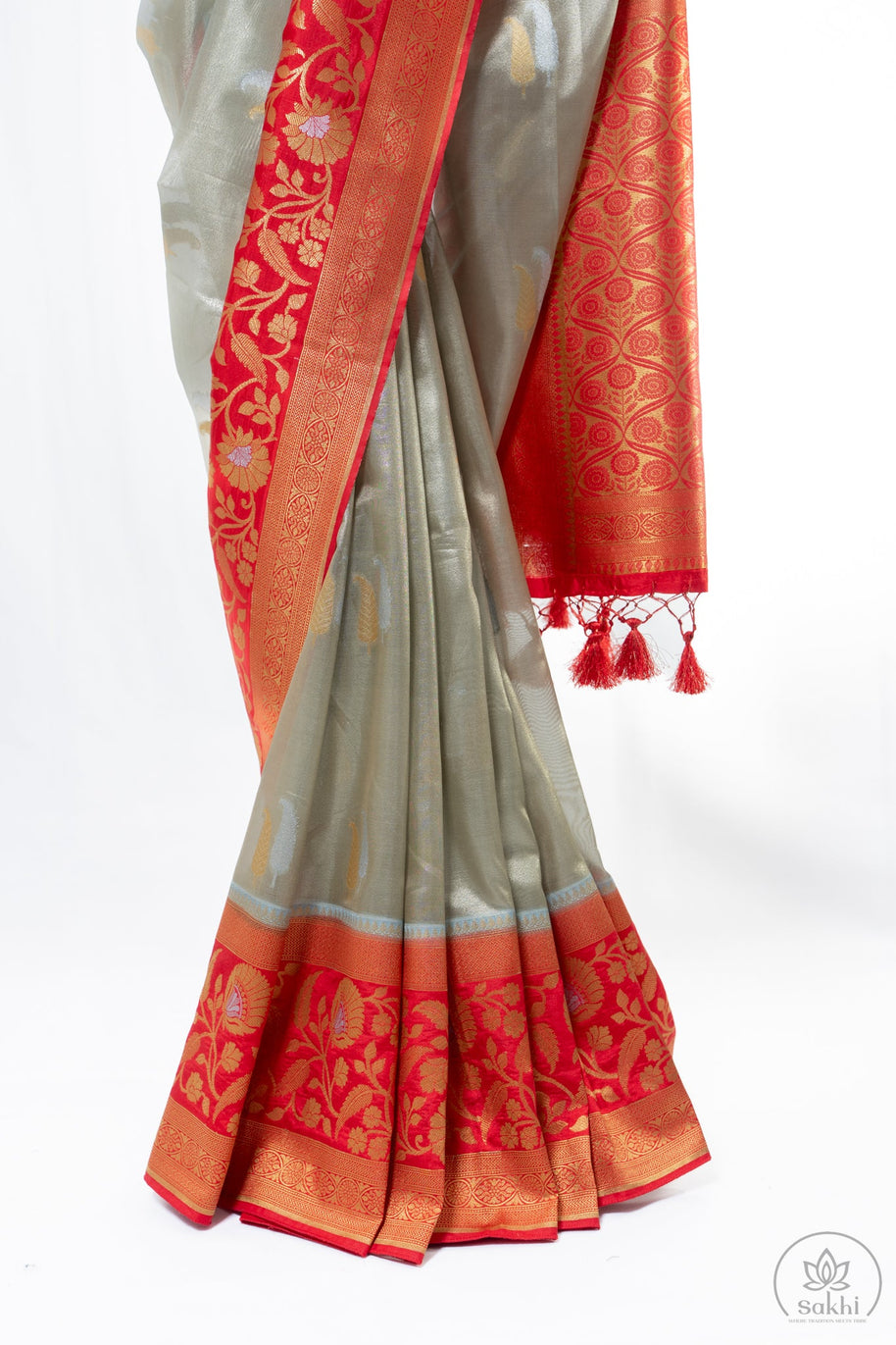 Grey Tissue Kadiyal Saree with Red Blouse