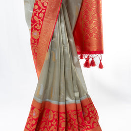 Grey Tissue Kadiyal Saree with Red Blouse