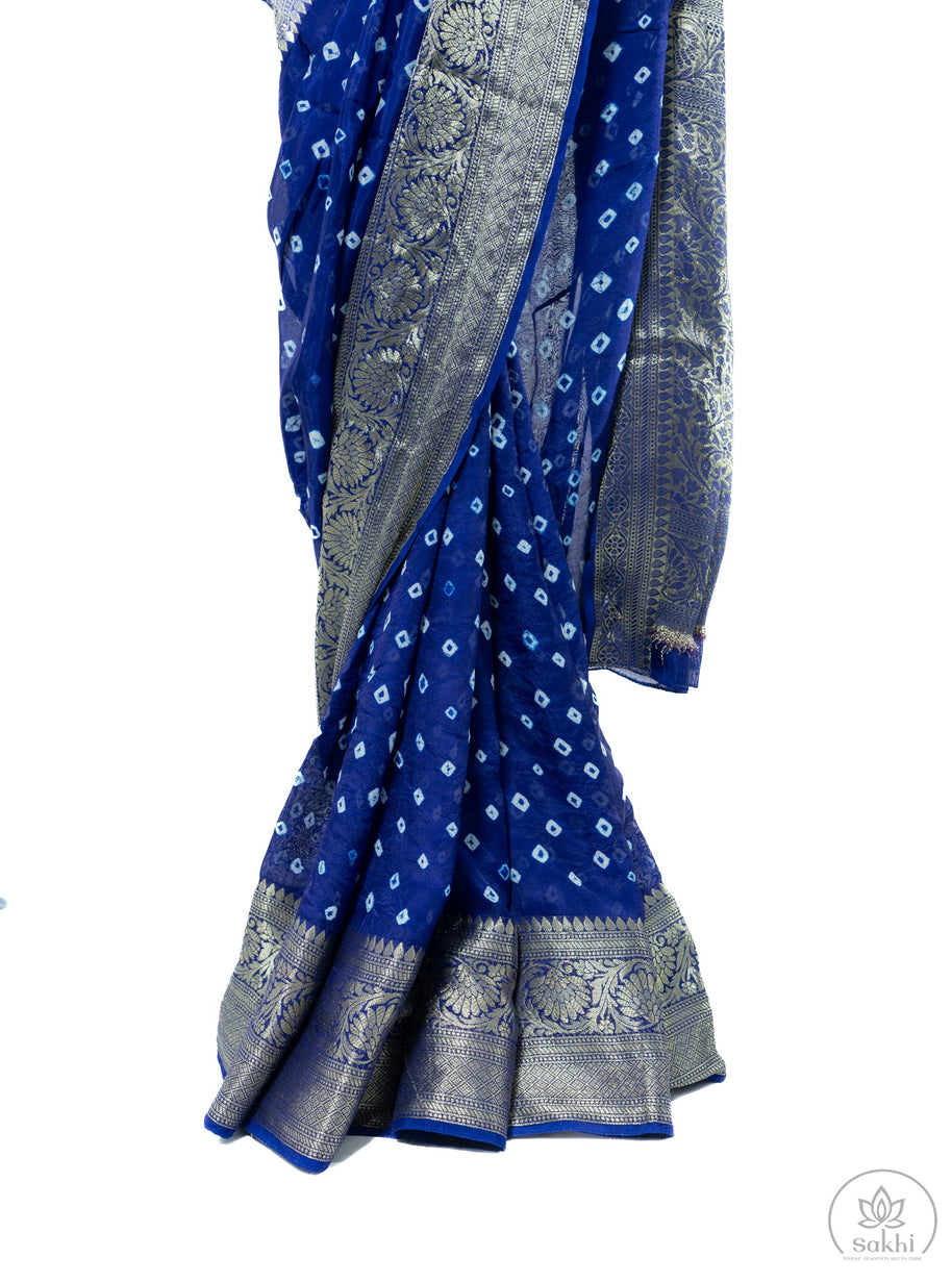 Blue Bandhej Saree with Matching Blouse