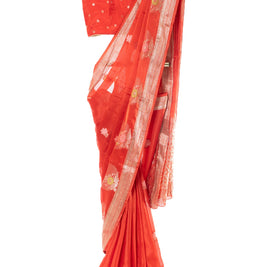 Red Semi-Wrinkle Crepe Silk Saree with Matching Blouse