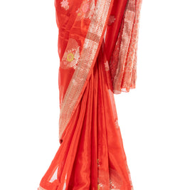Red Semi-Wrinkle Crepe Silk Saree with Matching Blouse