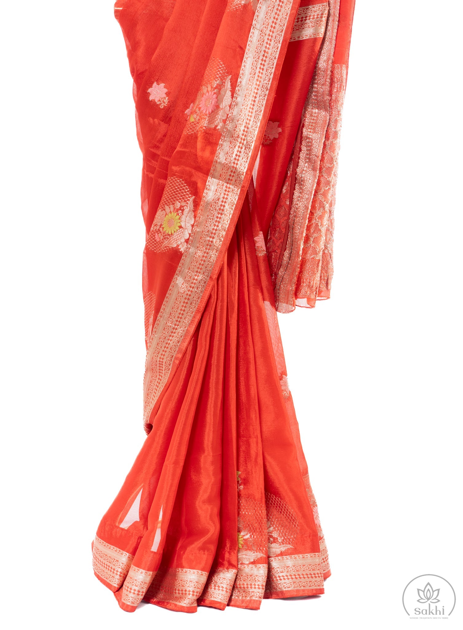 Red Semi-Wrinkle Crepe Silk Saree with Matching Blouse