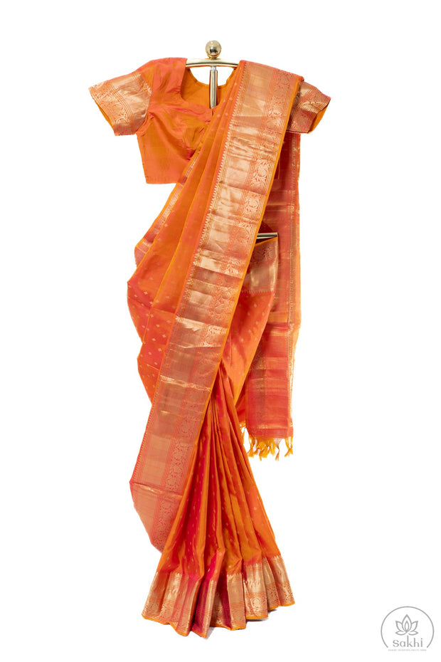 Rust Orange Pure Kanjivaram Silk Saree with Matching Blouse