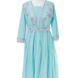 Sky Blue A-Line Kurta Set with Thread Embroidery and Belt