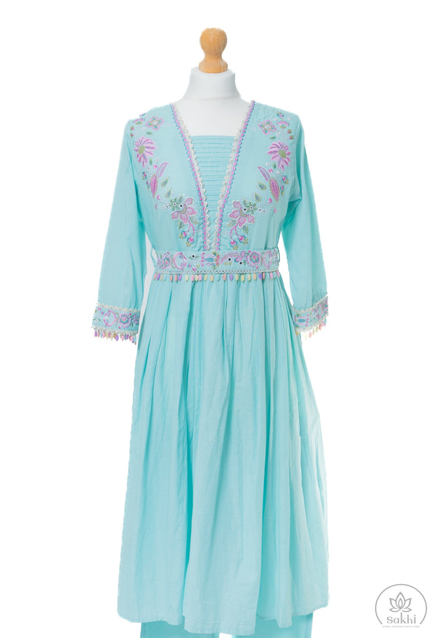 Sky Blue A-Line Kurta Set with Thread Embroidery and Belt