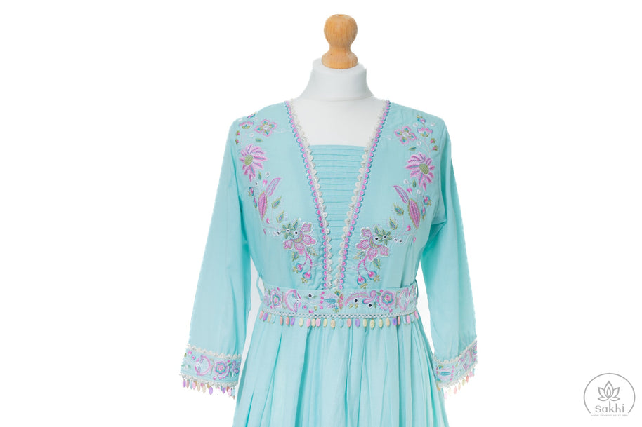 Sky Blue A-Line Kurta Set with Thread Embroidery and Belt
