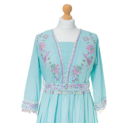 Sky Blue A-Line Kurta Set with Thread Embroidery and Belt