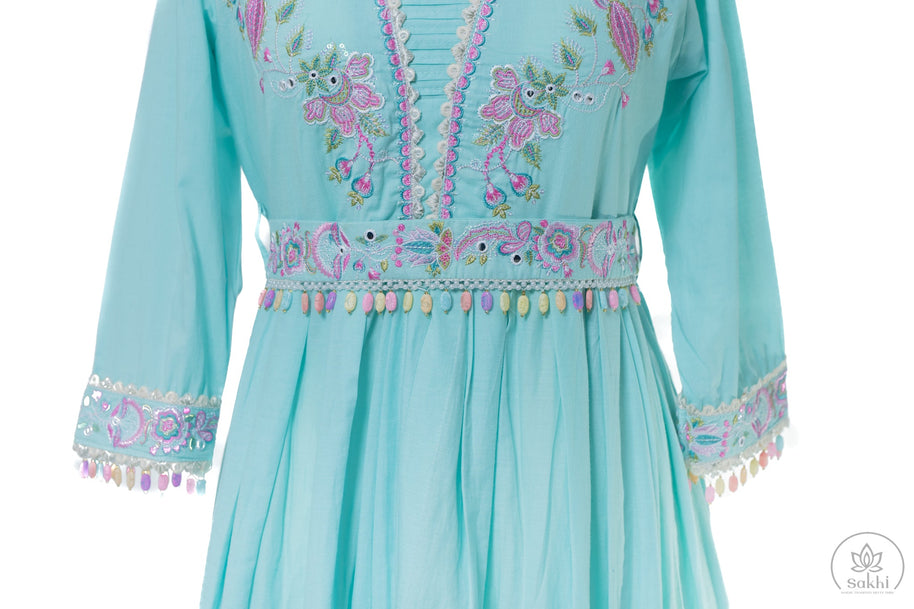 Sky Blue A-Line Kurta Set with Thread Embroidery and Belt