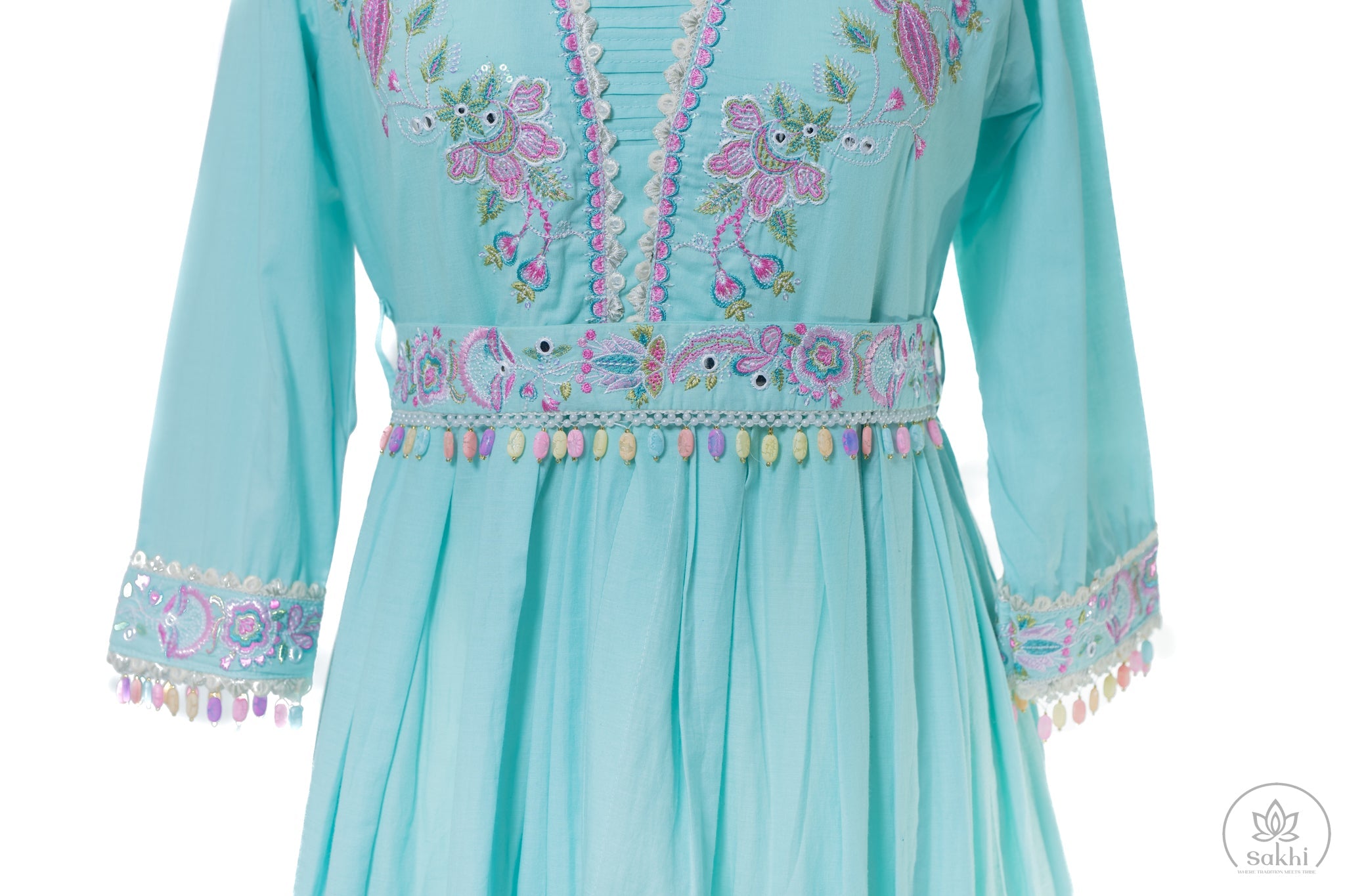 Sky Blue A-Line Kurta Set with Thread Embroidery and Belt