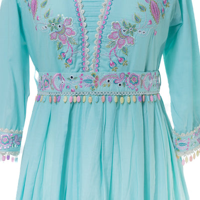 Sky Blue A-Line Kurta Set with Thread Embroidery and Belt