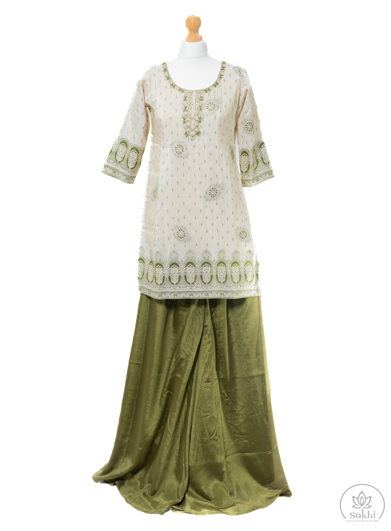 Cream With Olive Thread Embroidered Sharara Set