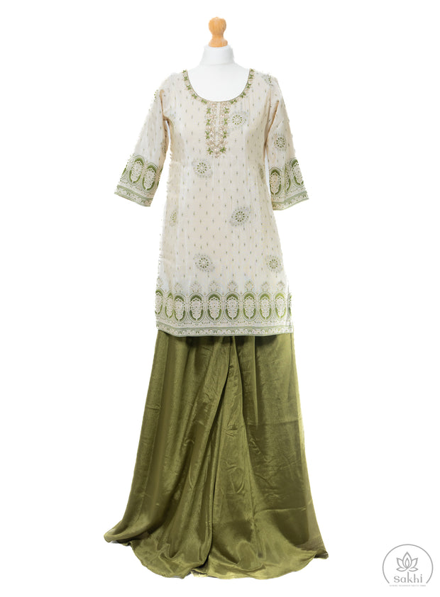 Cream With Olive Thread Embroidered Sharara Set