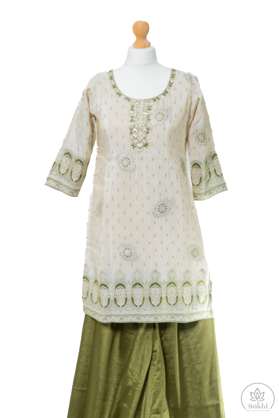 Cream With Olive Thread Embroidered Sharara Set