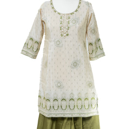 Cream With Olive Thread Embroidered Sharara Set