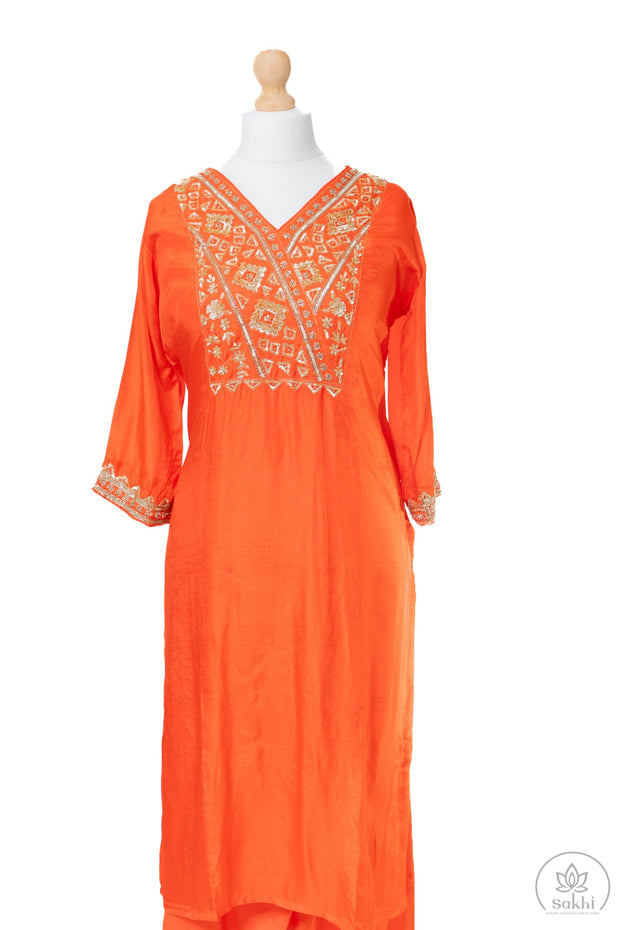 Embroidered Orange Silk Suit Set