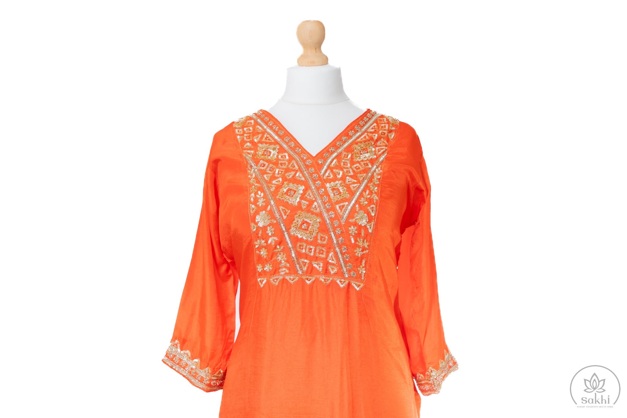 Embroidered Orange Silk Suit Set