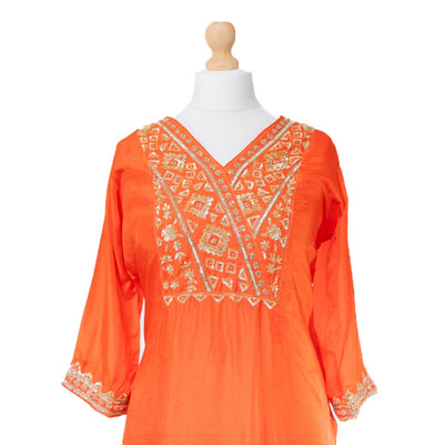 Embroidered Orange Silk Suit Set
