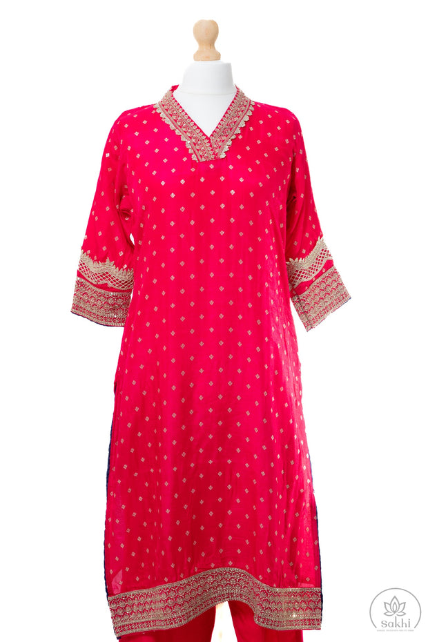Fuchsia Pink with Navy Blue Embroidered Suit Set