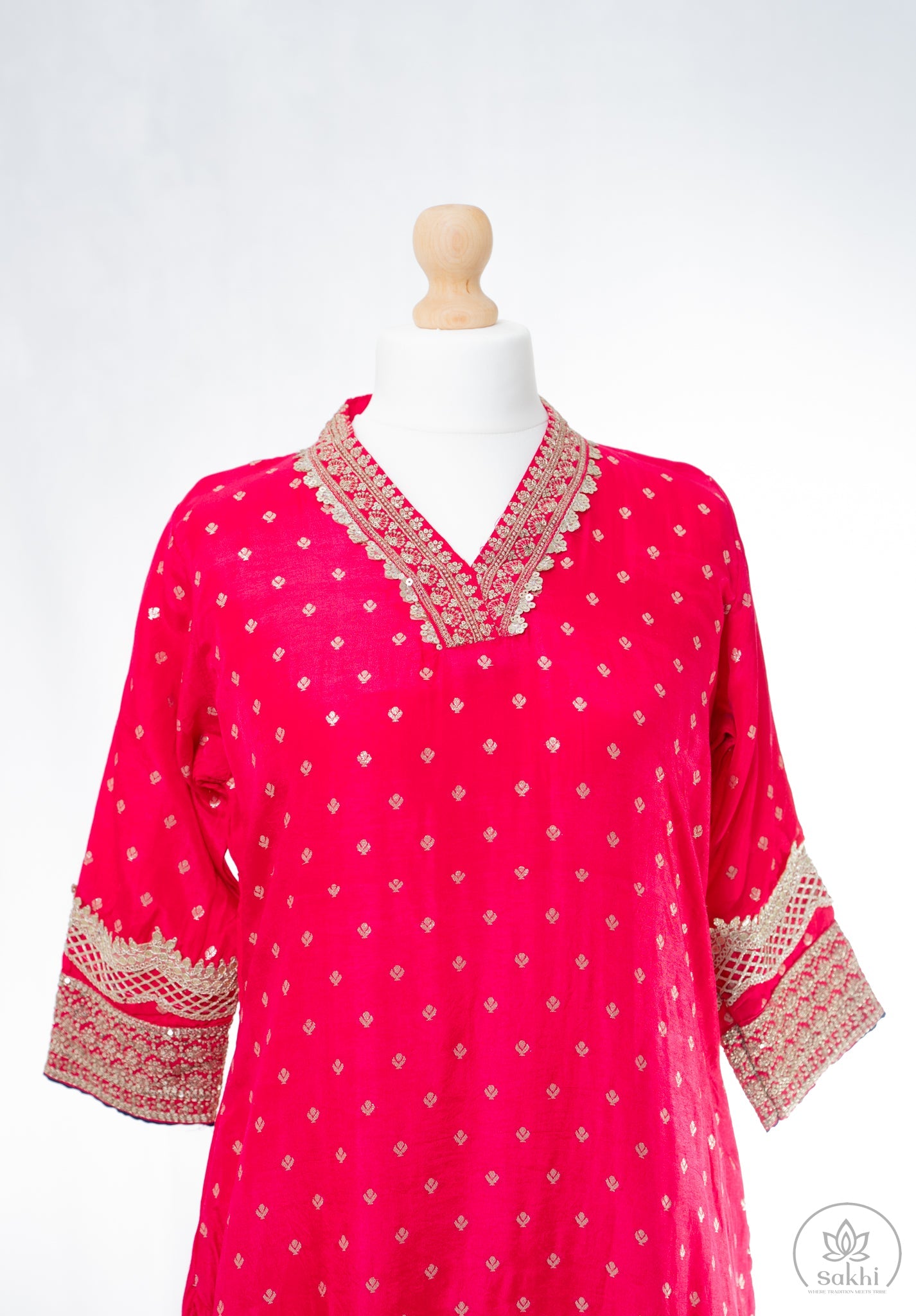 Fuchsia Pink with Navy Blue Embroidered Suit Set