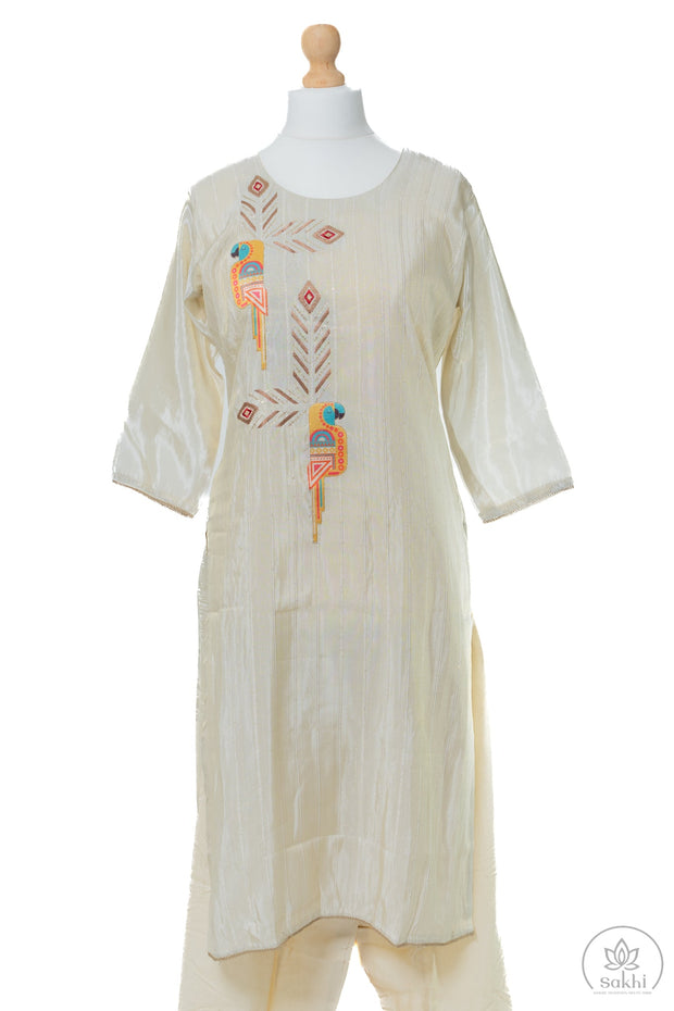 Ivory Embroidered Suit Set with Printed Dupatta