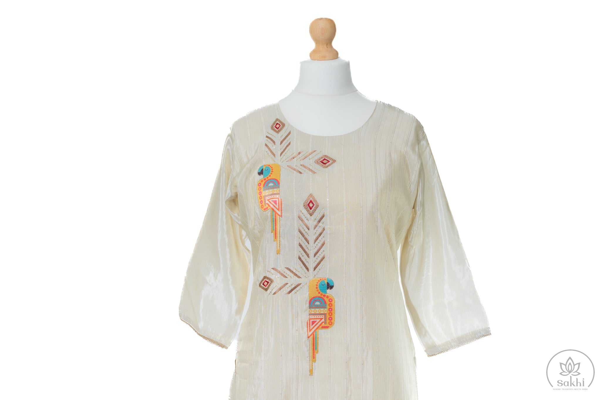 Ivory Embroidered Suit Set with Printed Dupatta