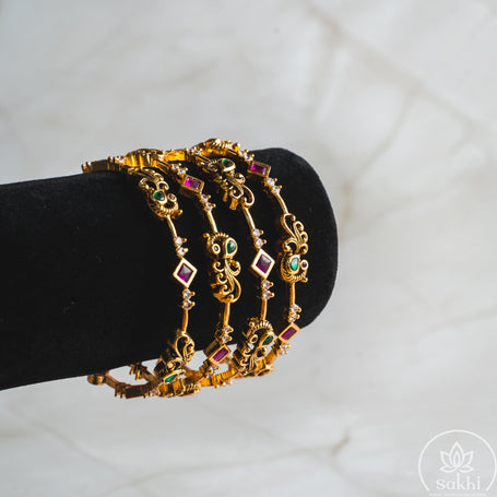 Antique Peacock & Floral Ruby Bangles (Set of 4)