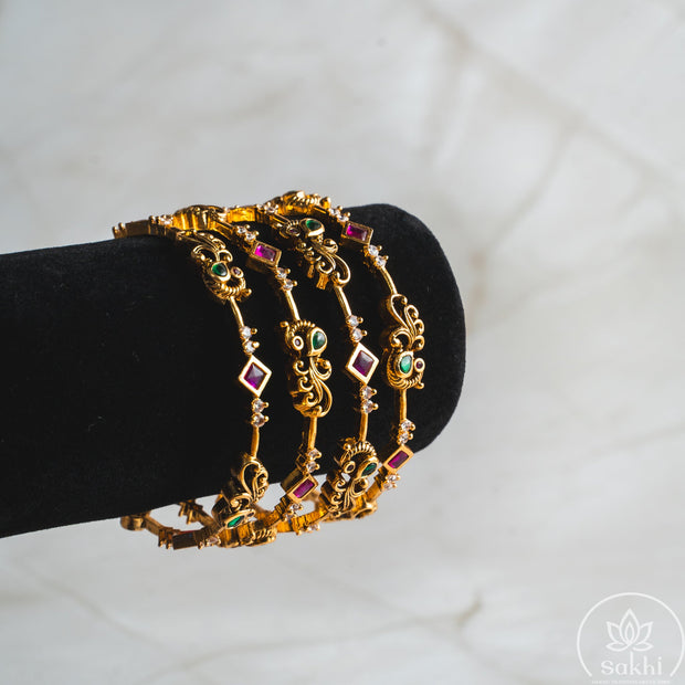 Antique Peacock & Floral Ruby Bangles (Set of 4)