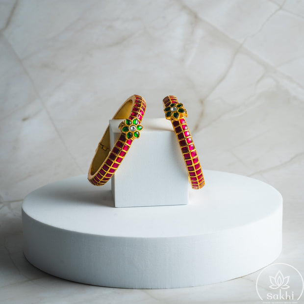 Pink Jadau Kundan Brass Bangles (Set of 2)