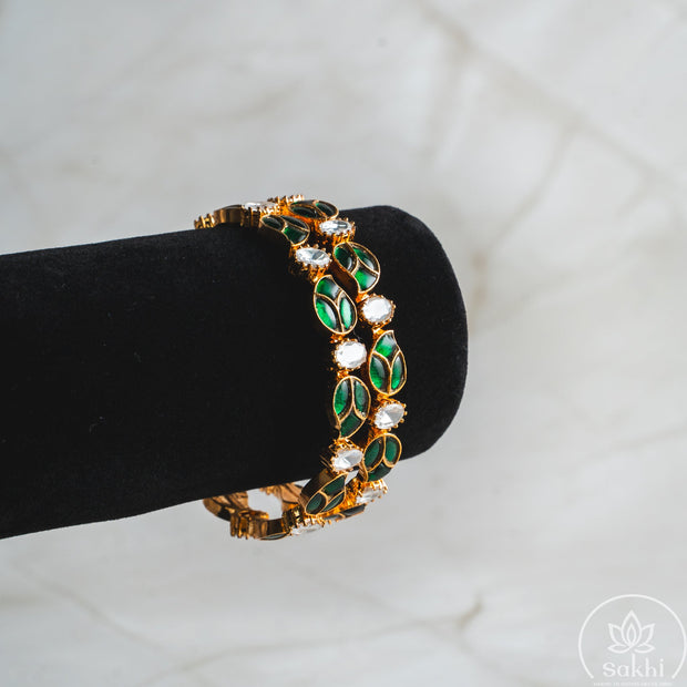 Green Leaf Jadau Kundan Bangles (Set of 2)