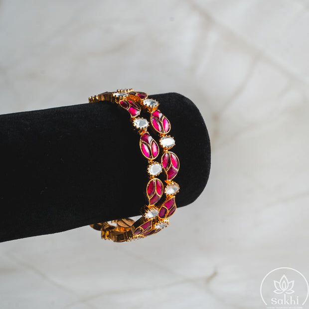 Pink Leaf Jadau Kundan Bangles (Set of 2)