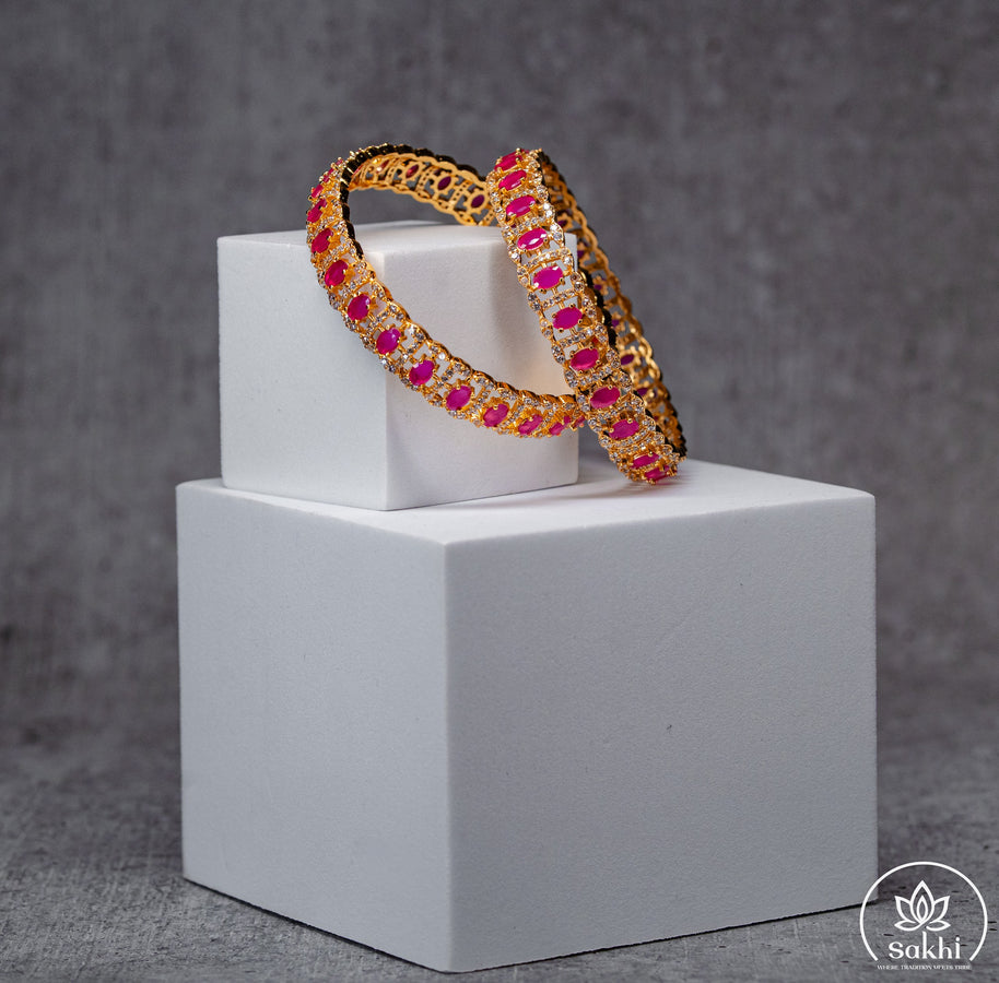 Gold Plated Pink Stone and CZ Designer Bangles (Pair)