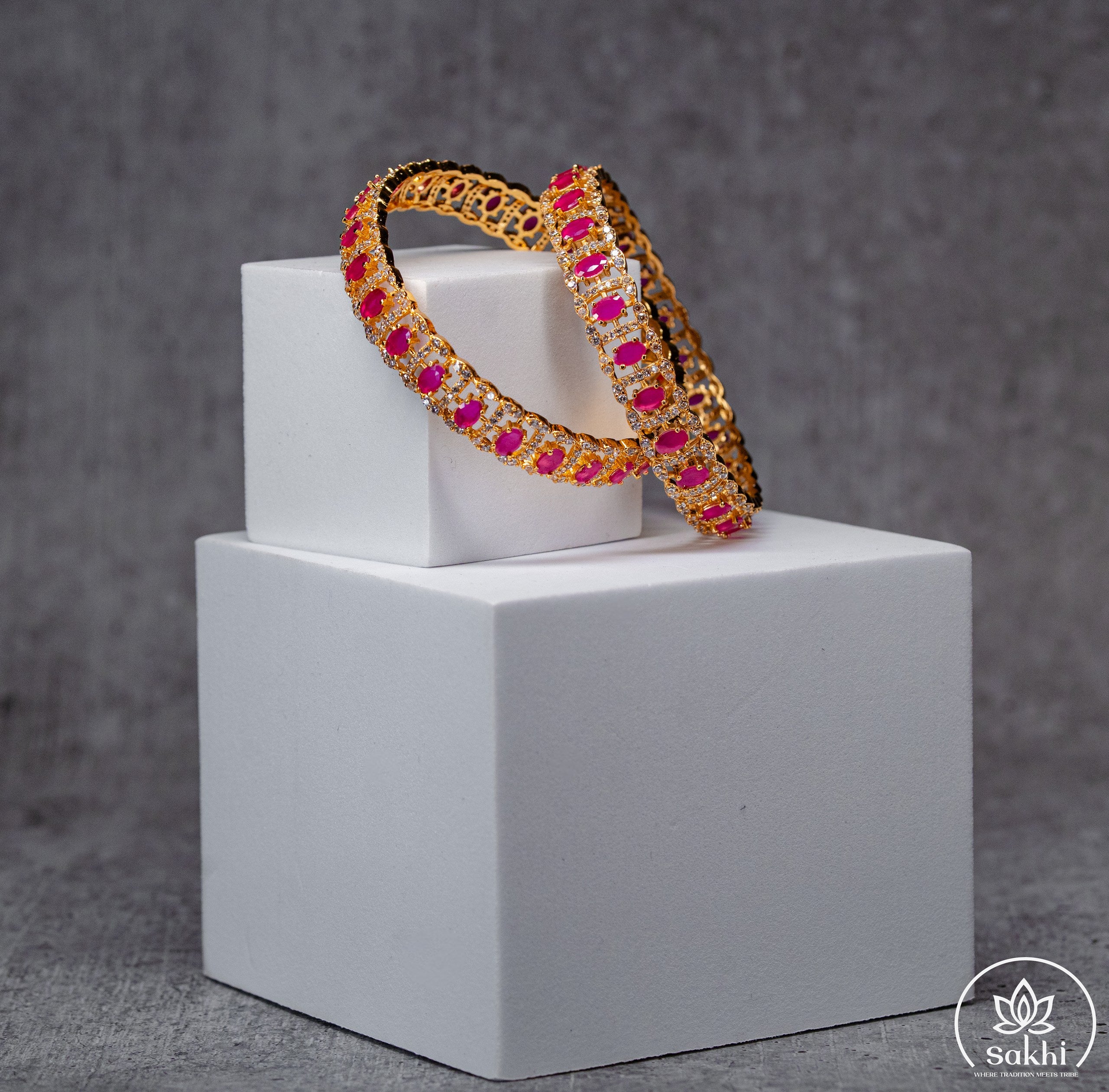 Gold Plated Pink Stone and CZ Designer Bangles (Pair)