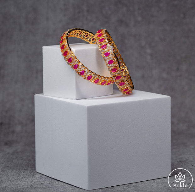 Gold Plated Pink Stone and CZ Designer Bangles (Pair)