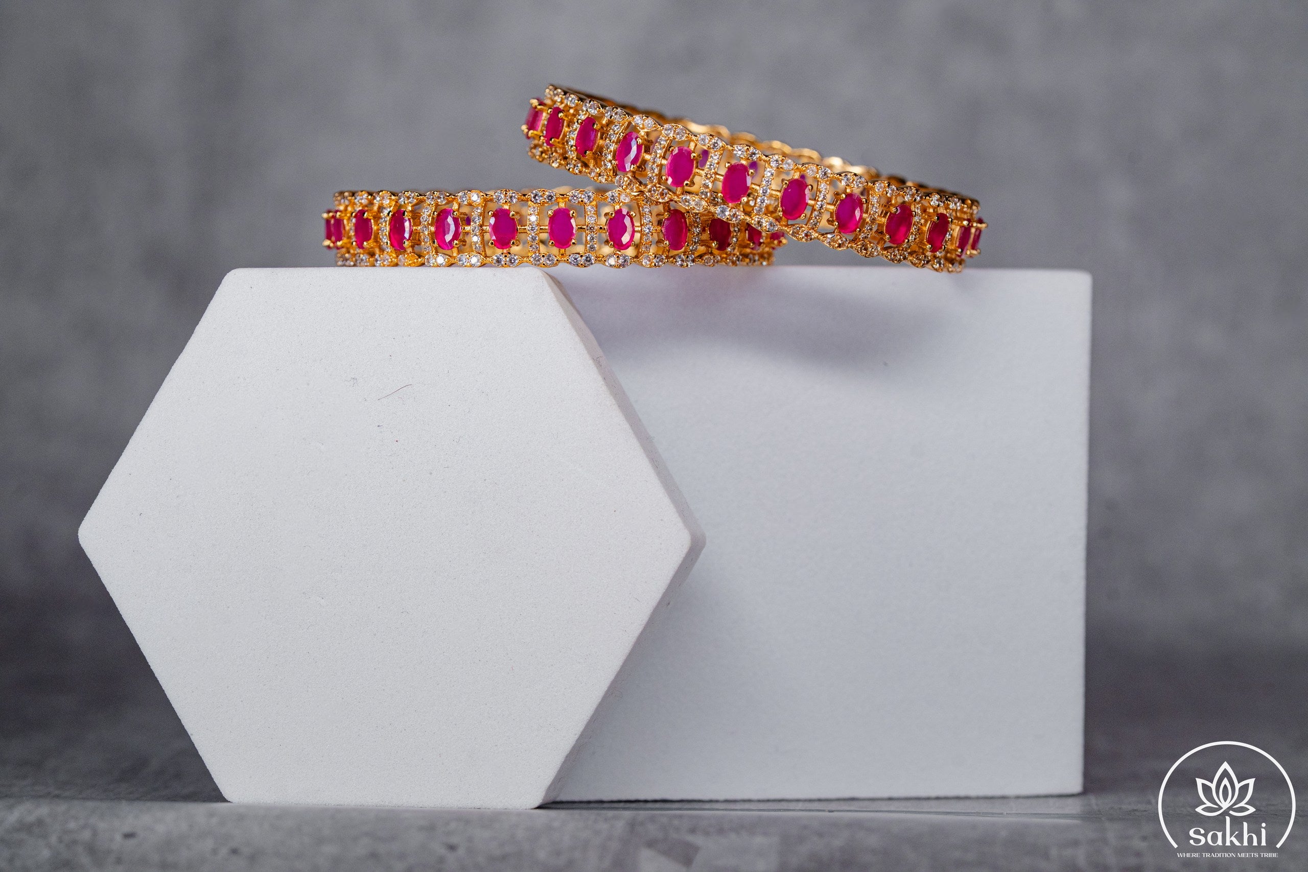Gold Plated Pink Stone and CZ Designer Bangles (Pair)