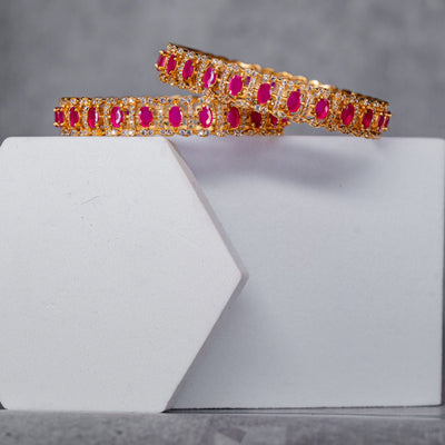 Gold Plated Pink Stone and CZ Designer Bangles (Pair)