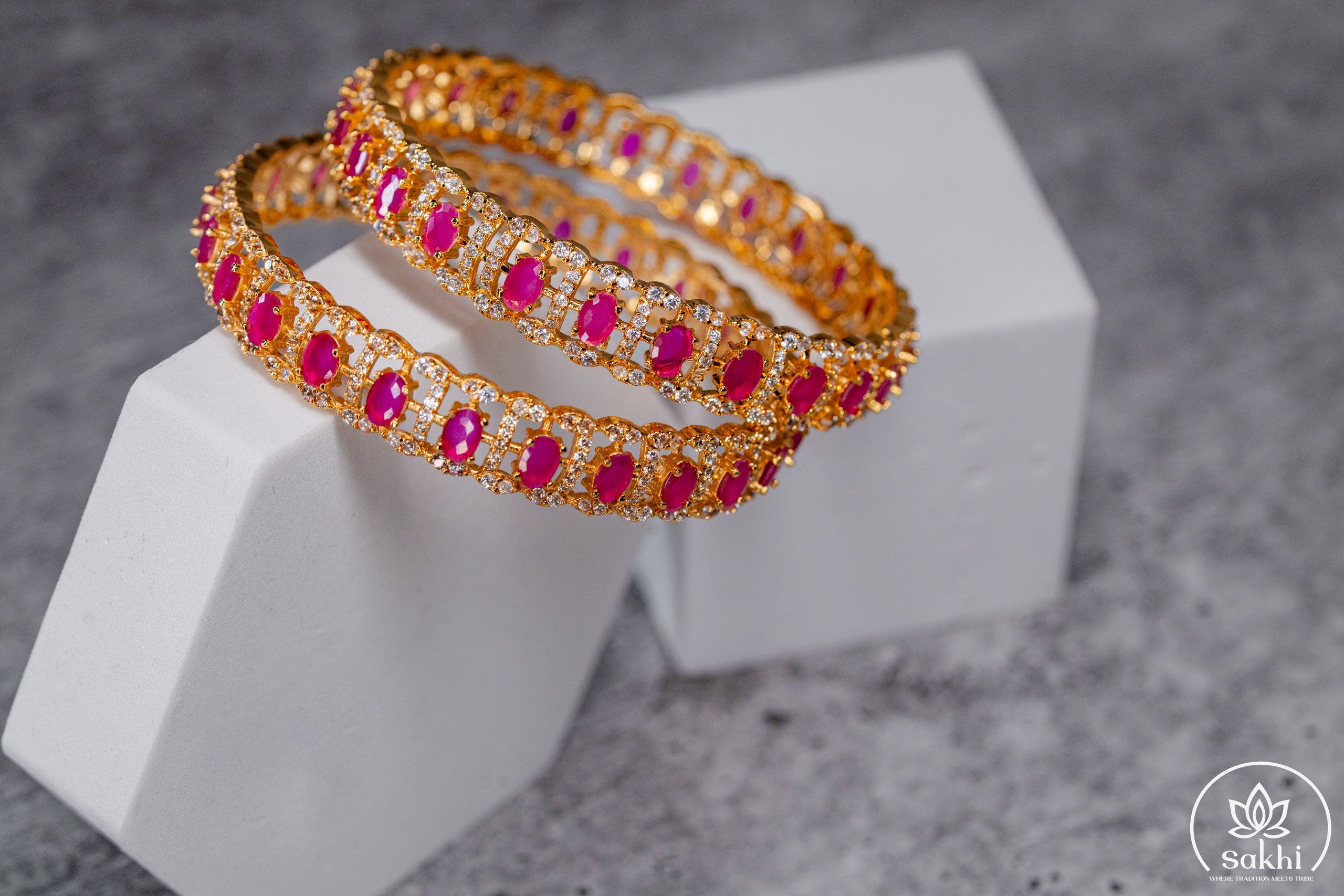 Gold Plated Pink Stone and CZ Designer Bangles (Pair)