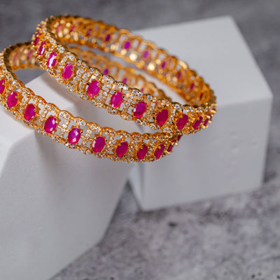 Gold Plated Pink Stone and CZ Designer Bangles (Pair)