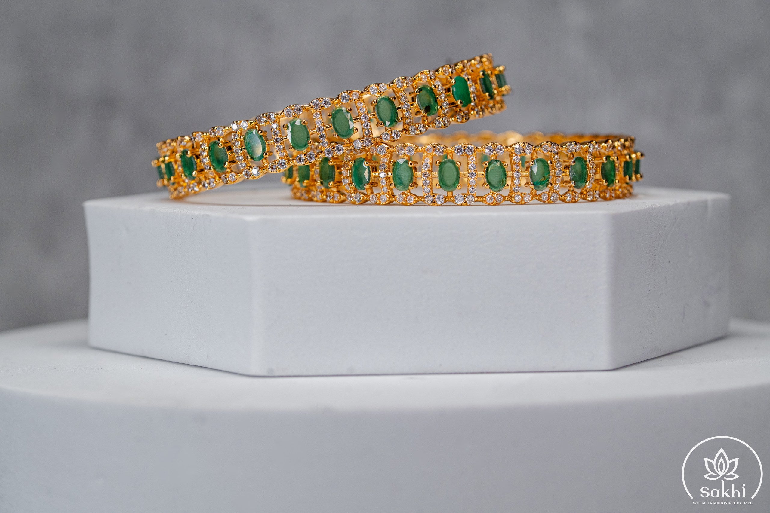 Gold Plated Green Stone and CZ Designer Bangles (Pair)