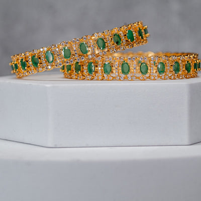 Gold Plated Green Stone and CZ Designer Bangles (Pair)