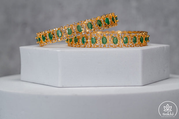 Gold Plated Green Stone and CZ Designer Bangles (Pair)