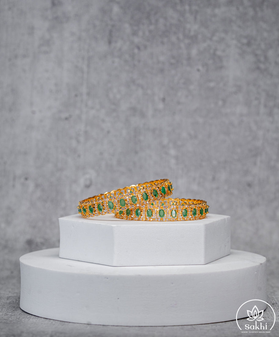 Gold Plated Green Stone and CZ Designer Bangles (Pair)