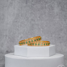 Gold Plated Green Stone and CZ Designer Bangles (Pair)