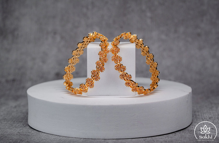 Gold Plated Floral CZ Designer Bangles (Pair)