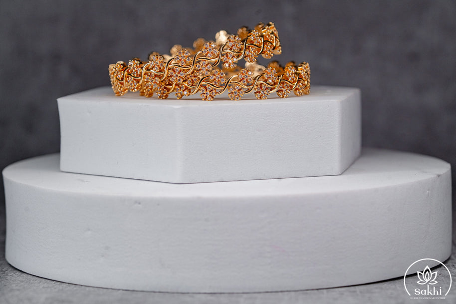 Gold Plated Floral CZ Designer Bangles (Pair)