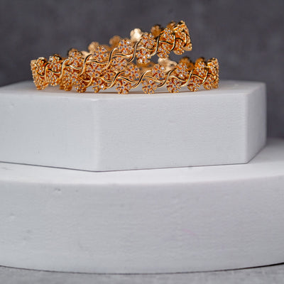 Gold Plated Floral CZ Designer Bangles (Pair)