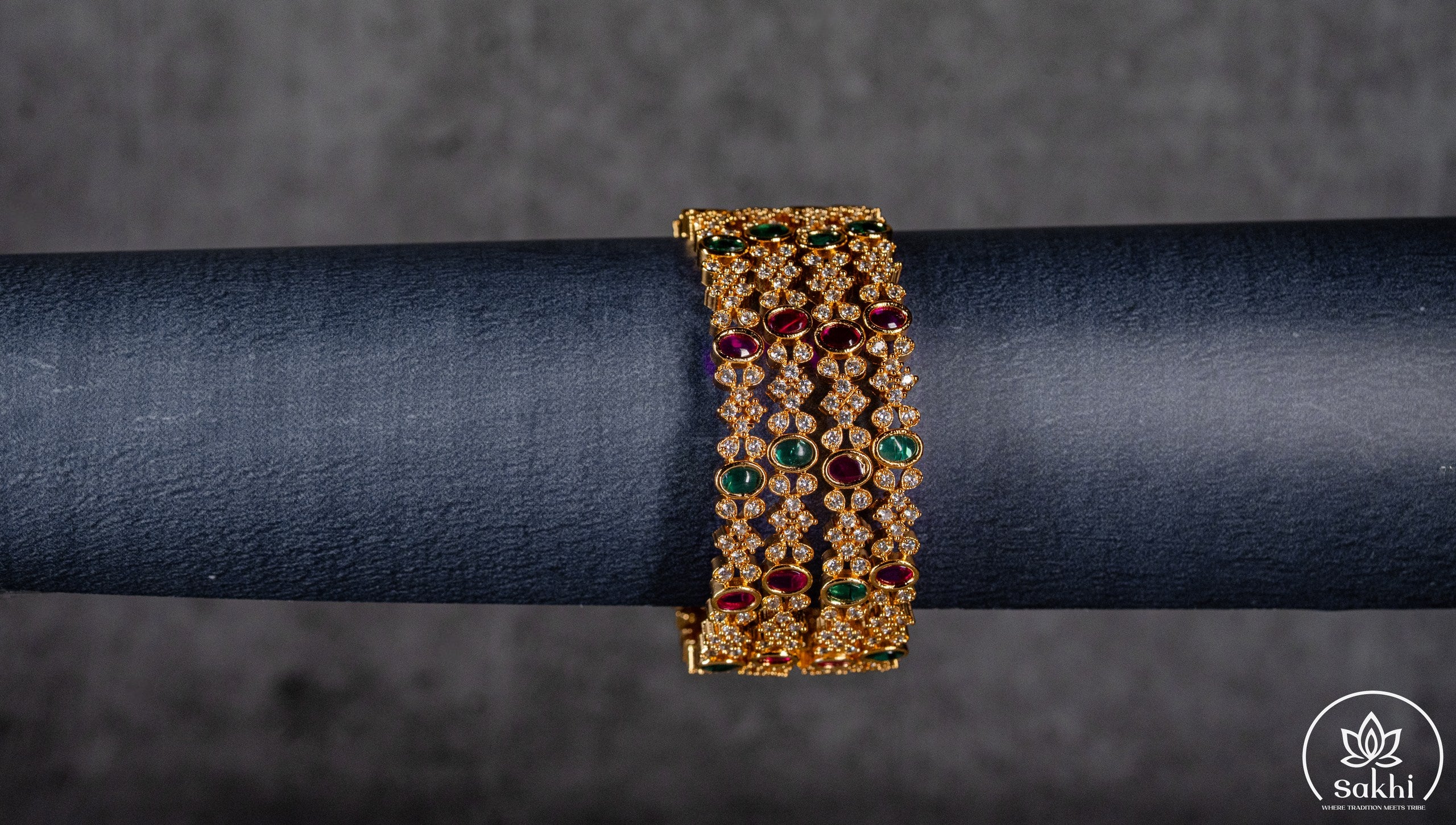 Gold Plated Ruby & Emerald CZ Statement Bangles (Set Of Four )