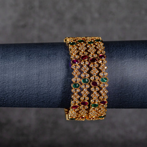Gold Plated Ruby & Emerald CZ Statement Bangles (Set Of Four )