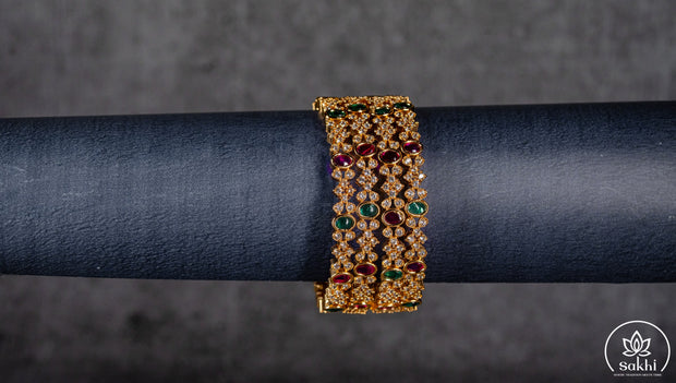 Gold Plated Ruby & Emerald CZ Statement Bangles (Set Of Four )