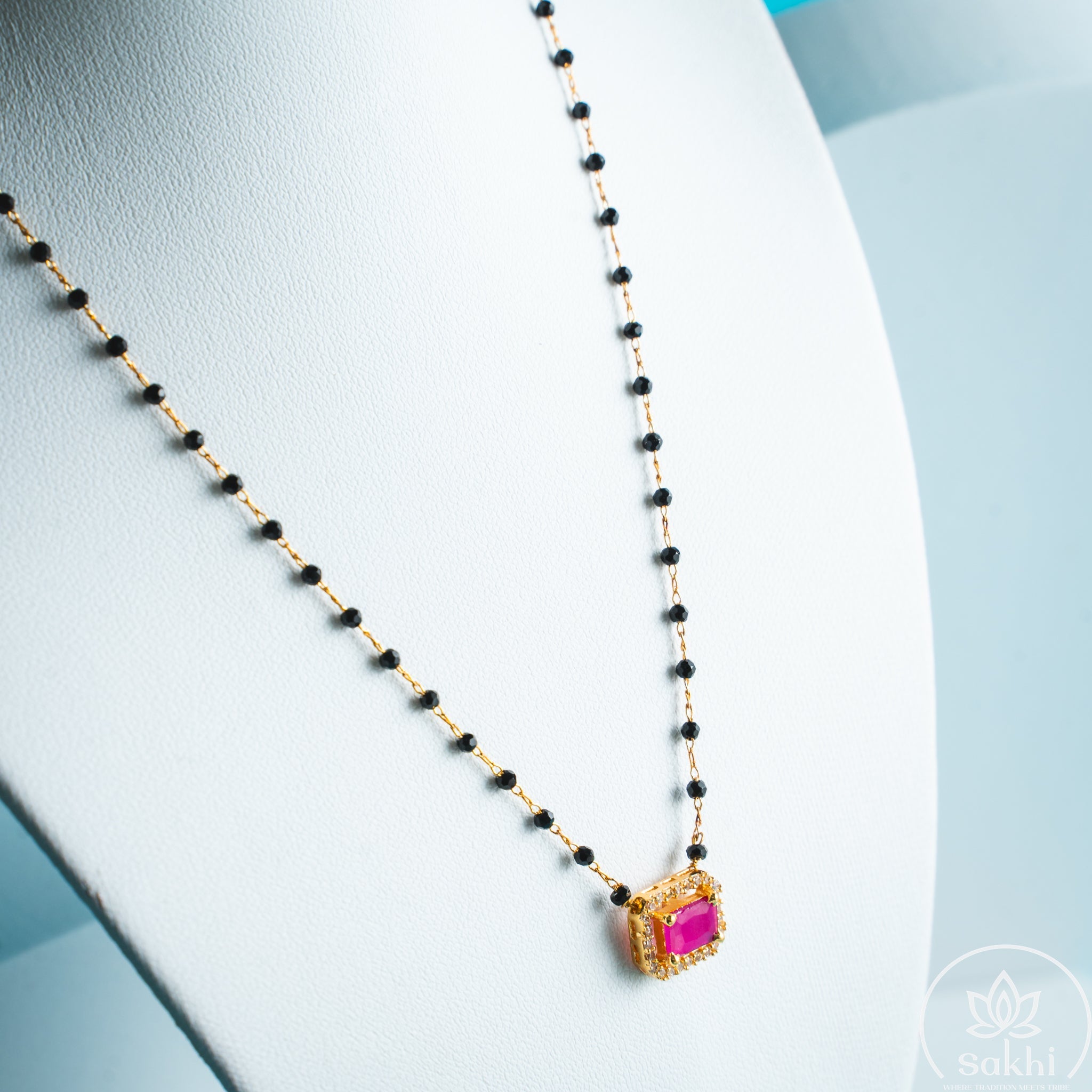 Ruby Glow Black Beads Necklace