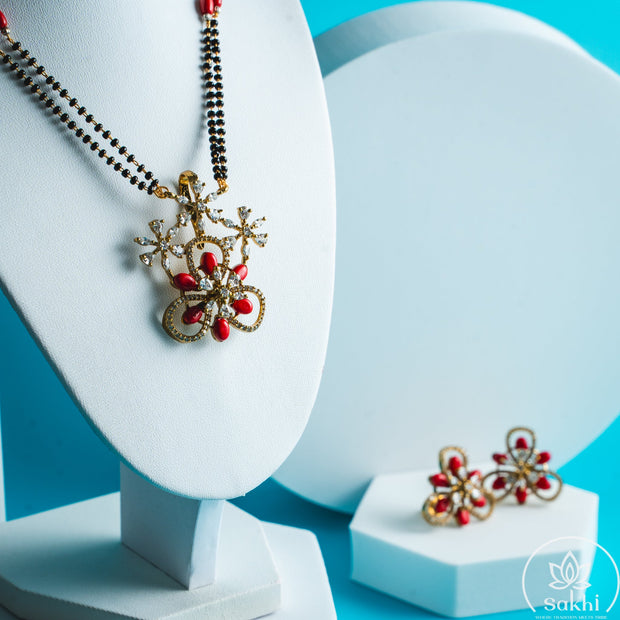 Coral Blossom Black Beads Necklace Set